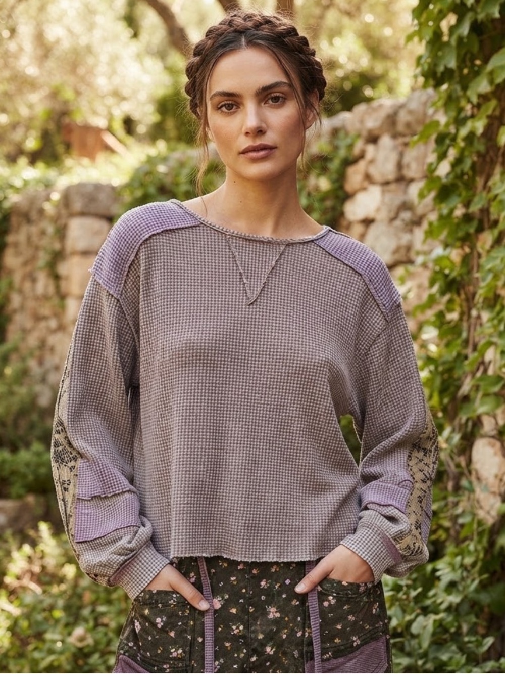 💕NEW! POL Relaxed Lavender Patchwork Waffle Long-Sleeve Top